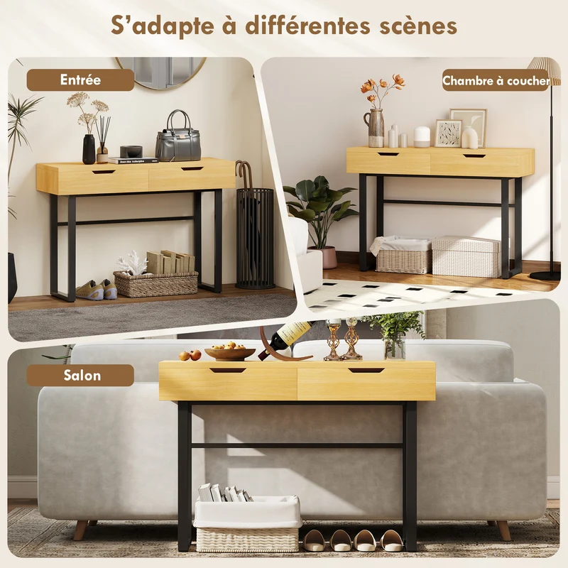 Console d'entrée étroite 110 x 35 x 76,5 cm 2 tiroirs de rangement kit anti basculement moderne épuré en bois naturel 21_0002797