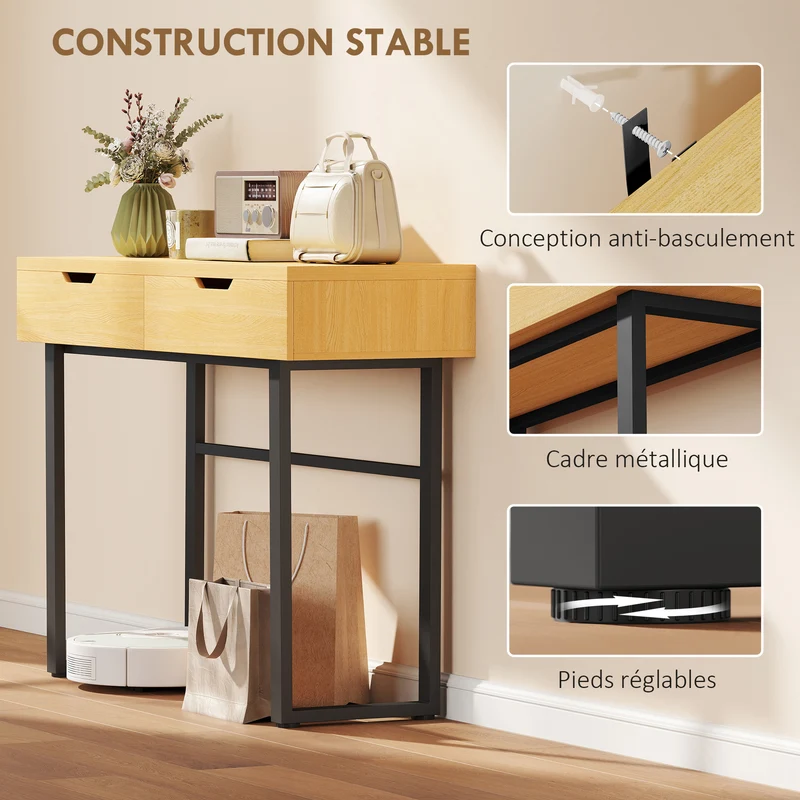 Console d'entrée étroite 110 x 35 x 76,5 cm 2 tiroirs de rangement kit anti basculement moderne épuré en bois naturel 21_0002797