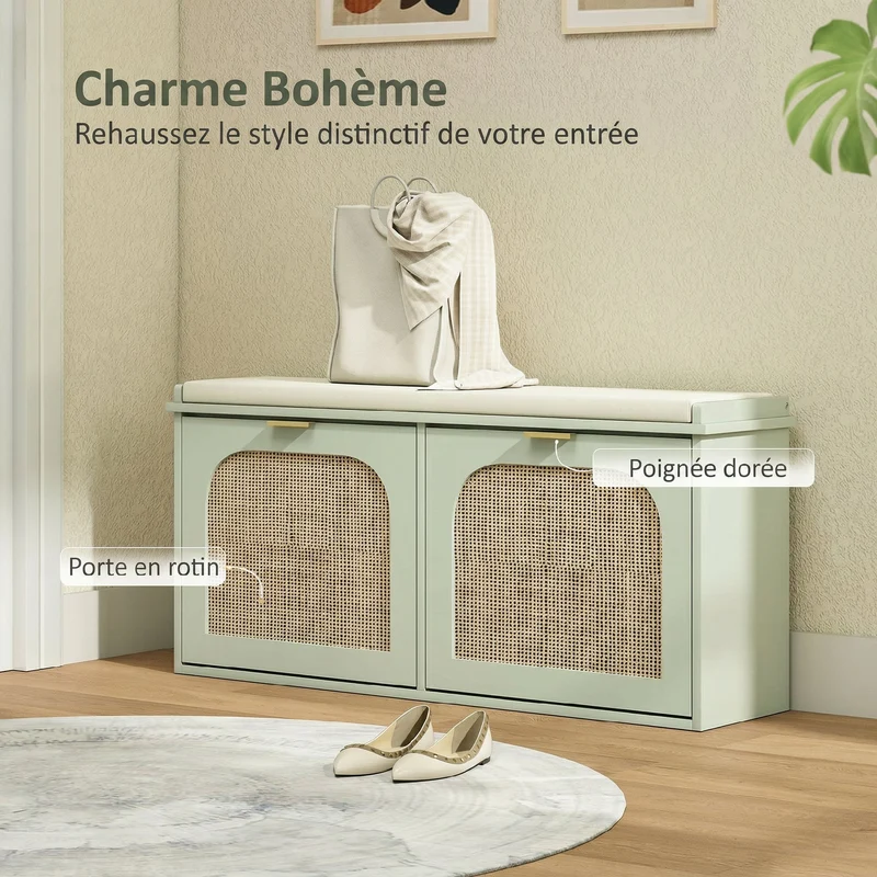 Banc à chaussures entrée 104 x 26 x 47,5 cm assise rembourrée rangement 10 paires contemporain scandinave en MDF vert 21_0002760