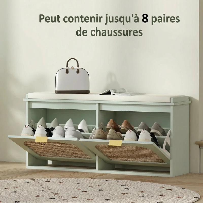 Banc à chaussures entrée 104 x 26 x 47,5 cm assise rembourrée rangement 10 paires contemporain scandinave en MDF vert 21_0002760