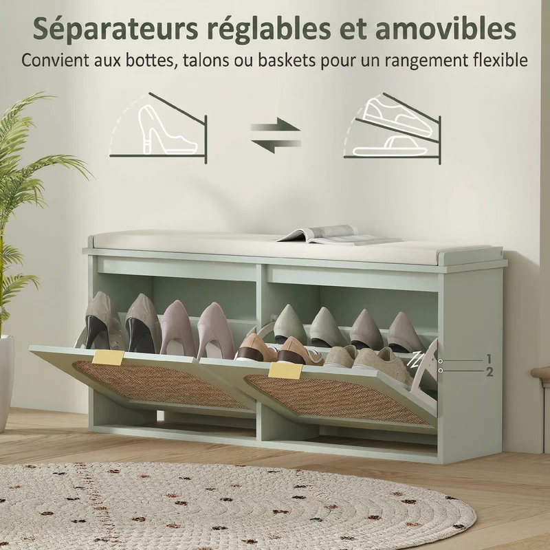 Banc à chaussures entrée 104 x 26 x 47,5 cm assise rembourrée rangement 10 paires contemporain scandinave en MDF vert 21_0002760