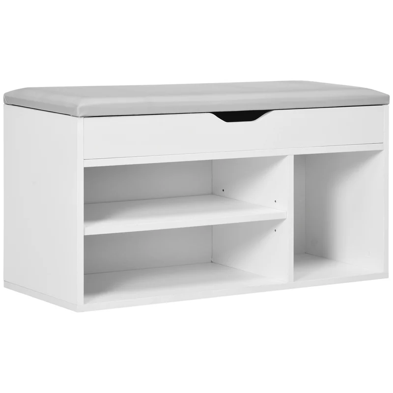 Banc à chaussures 80 x 30 x 43 cm coffre rangement assise rembourrée gain de place contemporain entrée en bois blanc 21_0002590