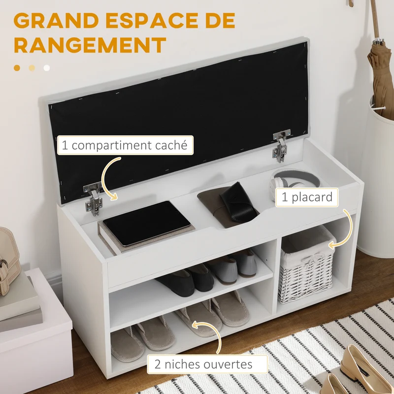 Banc à chaussures 80 x 30 x 43 cm coffre rangement assise rembourrée gain de place contemporain entrée en bois blanc 21_0002590