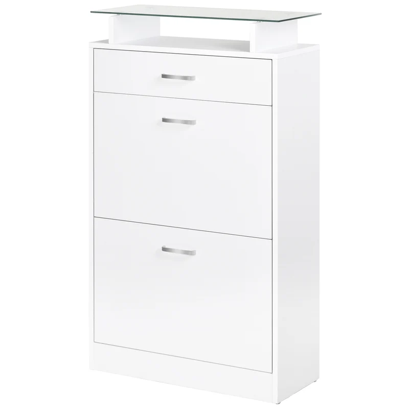 Armoire à chaussures entrée 60 x 24 x 105,5 cm rangement tiroir étagère verre moderne en panneaux de particules blanc 21_0002609