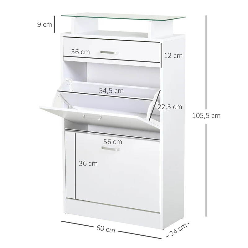 Armoire à chaussures entrée 60 x 24 x 105,5 cm rangement tiroir étagère verre moderne en panneaux de particules blanc 21_0002609