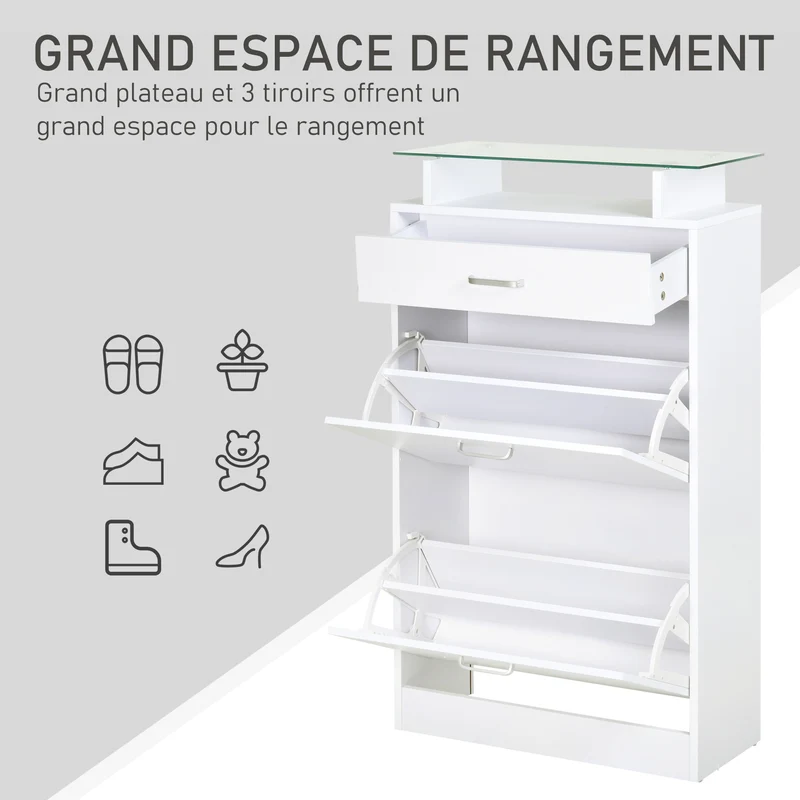 Armoire à chaussures entrée 60 x 24 x 105,5 cm rangement tiroir étagère verre moderne en panneaux de particules blanc 21_0002609