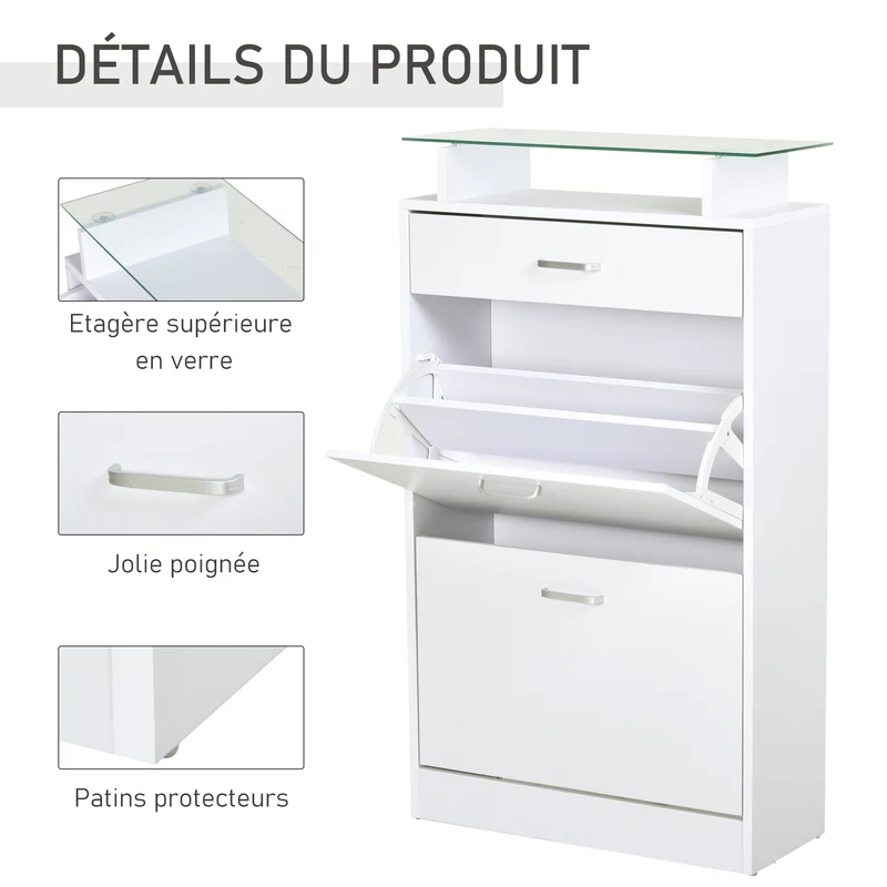 Armoire à chaussures entrée 60 x 24 x 105,5 cm rangement tiroir étagère verre moderne en panneaux de particules blanc 21_0002609