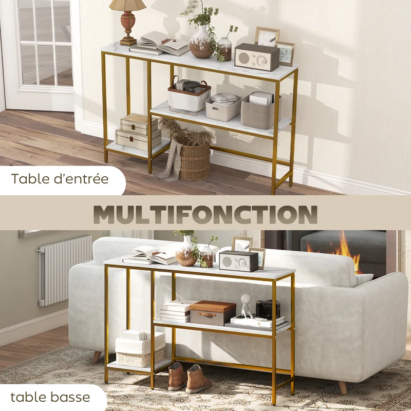 Console d'entrée 3 niveaux rangement 120 x 30 x 76,5 cm anti basculement moderne épuré en panneaux de particules blanc 21_0002792