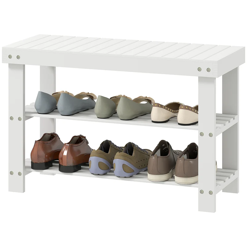 Banc à chaussures d'entrée assise pratique 70 x 28 x 45 cm étagères à lattes 3 niveaux scandinave épuré en bambou blanc 21_0002654