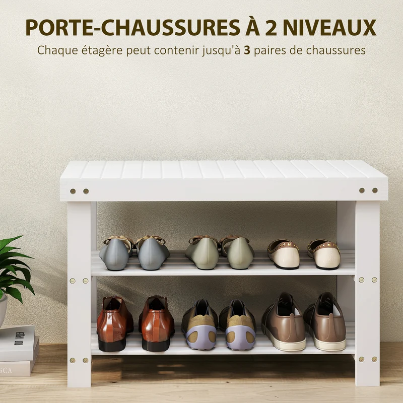 Banc à chaussures d'entrée assise pratique 70 x 28 x 45 cm étagères à lattes 3 niveaux scandinave épuré en bambou blanc 21_0002654