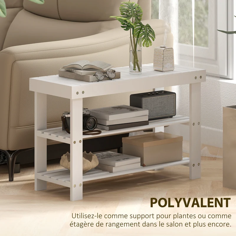 Banc à chaussures d'entrée assise pratique 70 x 28 x 45 cm étagères à lattes 3 niveaux scandinave épuré en bambou blanc 21_0002654