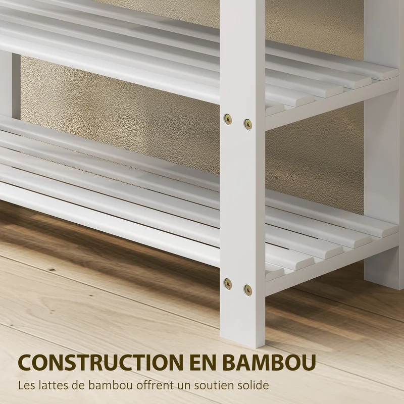 Banc à chaussures d'entrée assise pratique 70 x 28 x 45 cm étagères à lattes 3 niveaux scandinave épuré en bambou blanc 21_0002654