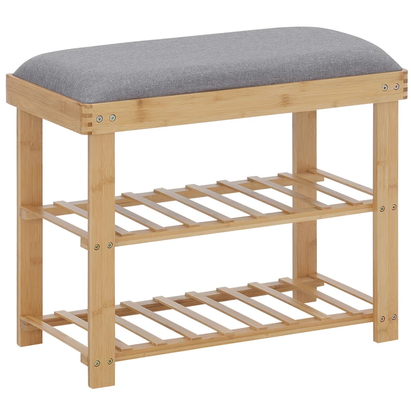 Banc à chaussures banquette entrée 60 x 29 x 50 cm assise confortable rangement 2 étagères cosy naturel en bambou gris 21_0002635