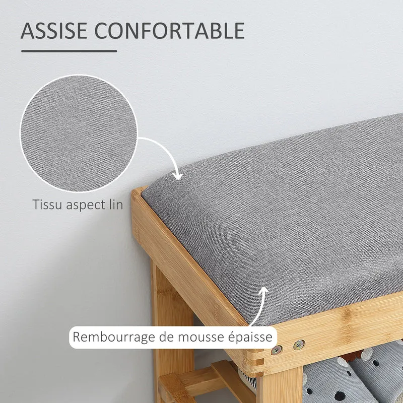 Banc à chaussures banquette entrée 60 x 29 x 50 cm assise confortable rangement 2 étagères cosy naturel en bambou gris 21_0002635