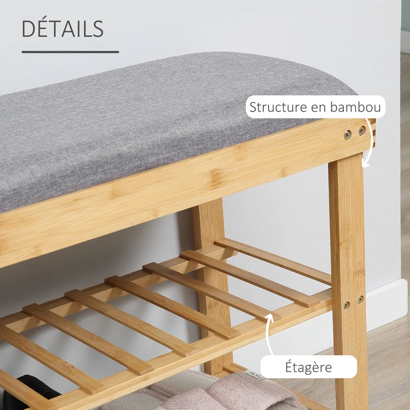 Banc à chaussures banquette entrée 60 x 29 x 50 cm assise confortable rangement 2 étagères cosy naturel en bambou gris 21_0002635