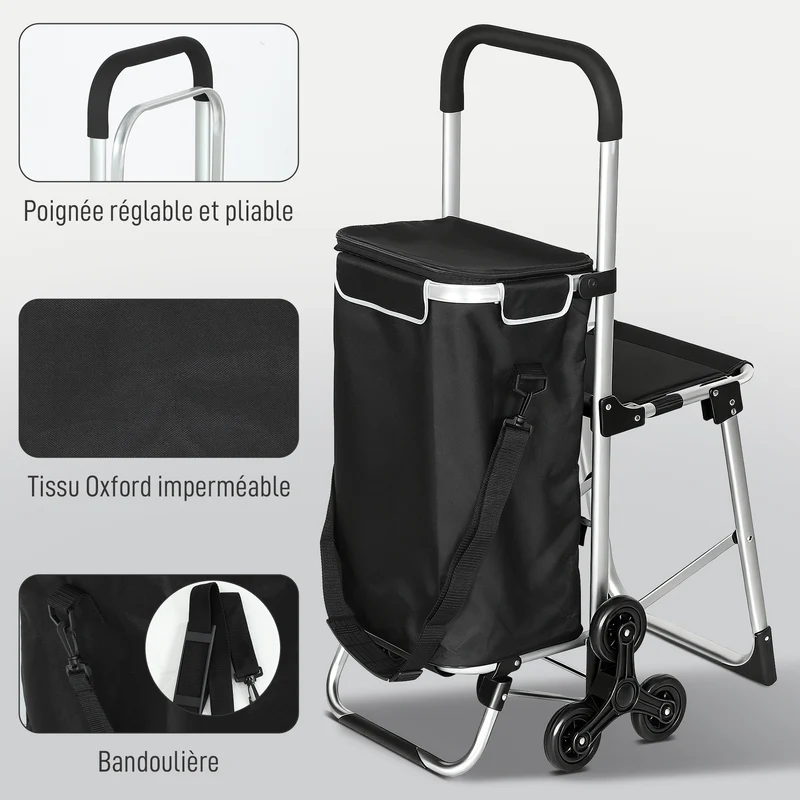 Chariot de courses pliable siège pliant 46 x 59.5 x 97 cm sac 40 l montée escalier 3 roues moderne en tissu oxford noir 21_0005886