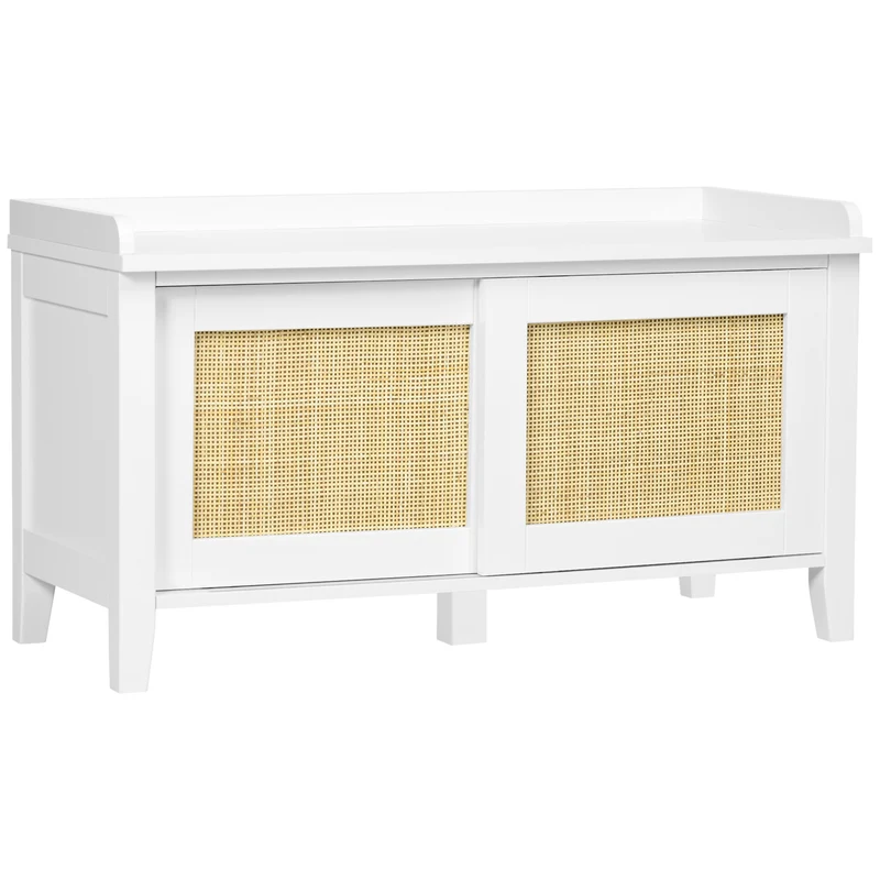 Banc à chaussures entrée porte coulissante 80 x 35 x 45 cm rangement et assise design épuré scandinave en MDF blanc 21_0002668