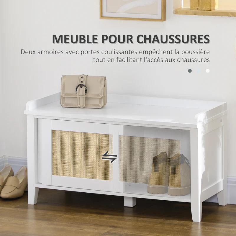 Banc à chaussures entrée porte coulissante 80 x 35 x 45 cm rangement et assise design épuré scandinave en MDF blanc 21_0002668