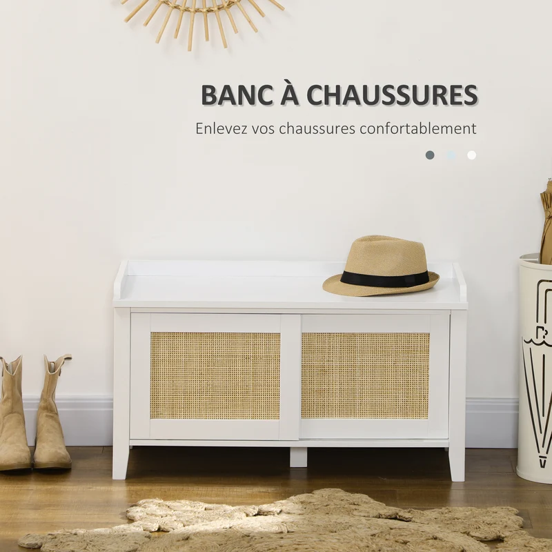 Banc à chaussures entrée porte coulissante 80 x 35 x 45 cm rangement et assise design épuré scandinave en MDF blanc 21_0002668