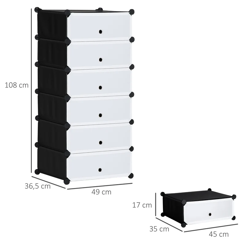 Armoire à chaussures 6 cubes modulable empilable 49 x 36,5 x 108 cm gain de place semi transparent épuré en PP blanc 21_0005798