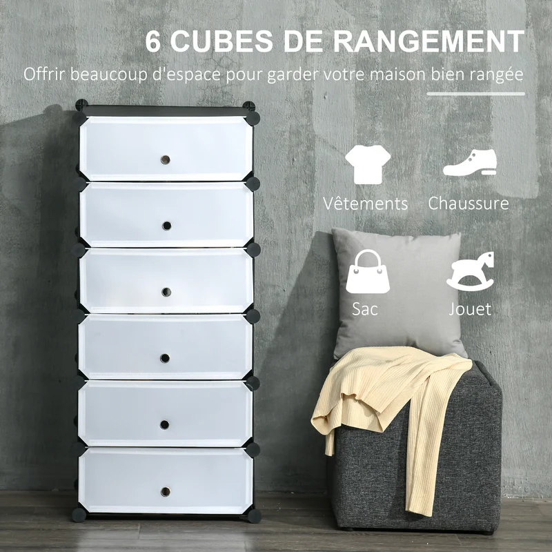 Armoire à chaussures 6 cubes modulable empilable 49 x 36,5 x 108 cm gain de place semi transparent épuré en PP blanc 21_0005798