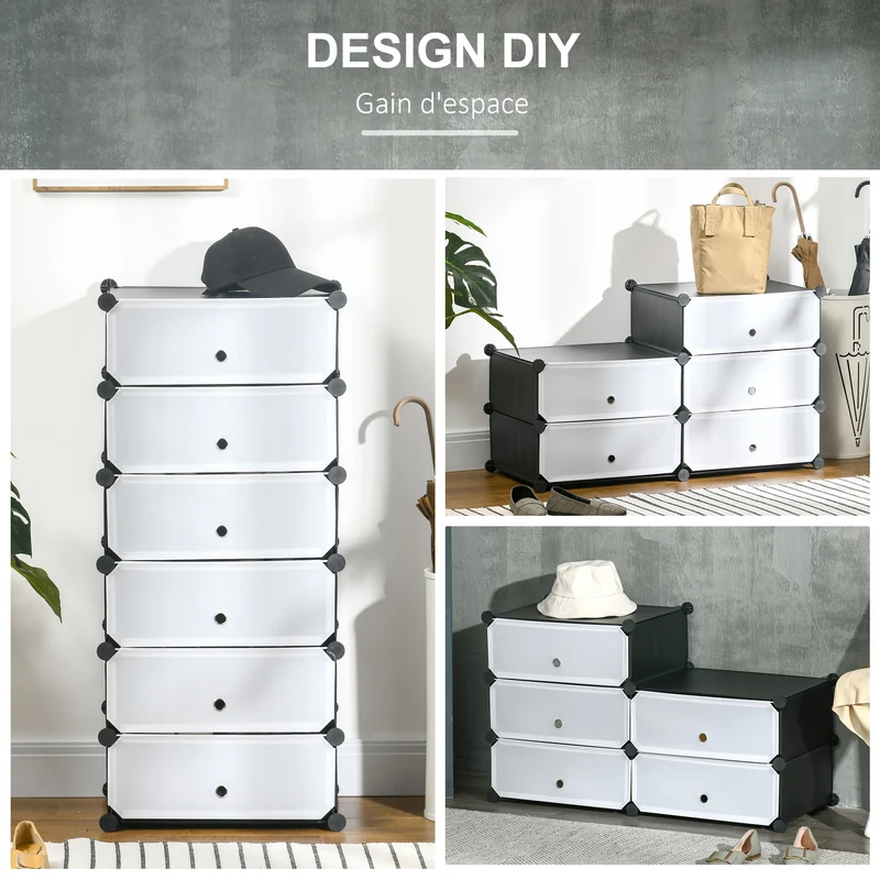 Armoire à chaussures 6 cubes modulable empilable 49 x 36,5 x 108 cm gain de place semi transparent épuré en PP blanc 21_0005798