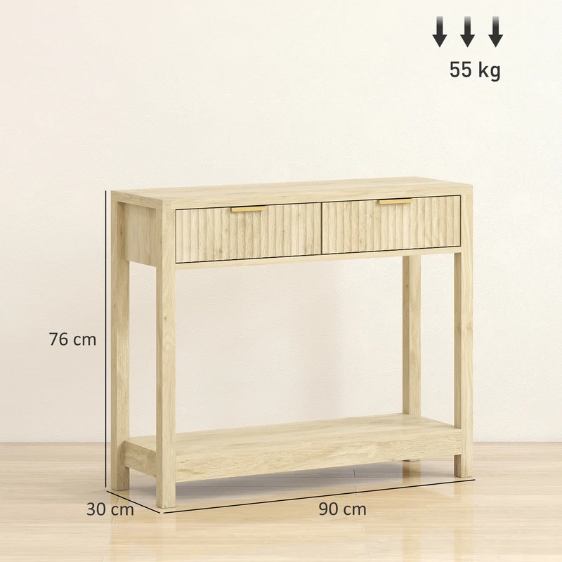Console étroite couloir 90 x 30 x 76 cm 2 tiroirs et étagère ouverte rangement style moderne épuré en MDF bois naturel 21_0002771