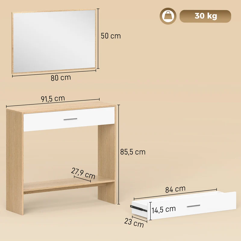 Console d'entrée 91.5 x 27.9 x 85.5 cm avec tiroir étagère miroir séparé compact moderne en panneau de particules chêne 21_0002817