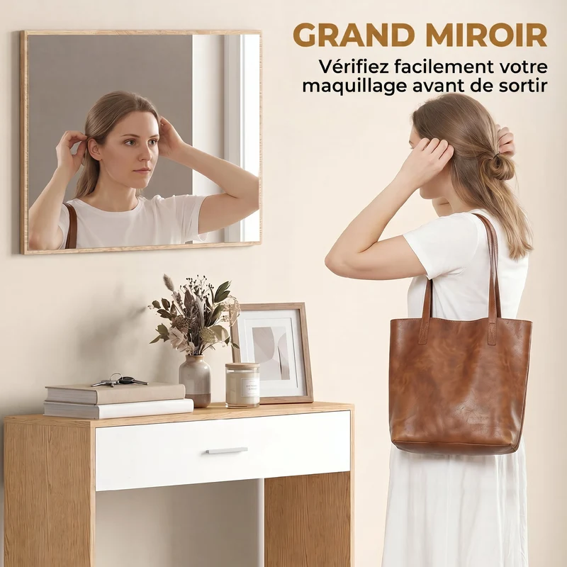Console d'entrée 91.5 x 27.9 x 85.5 cm avec tiroir étagère miroir séparé compact moderne en panneau de particules chêne 21_0002817