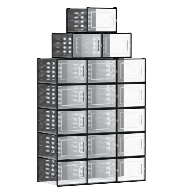 Boîtes à chaussures lot de 18 rangement chaussures pliable pour pointure jusqu’à 46 transparent et noir 12_0004448