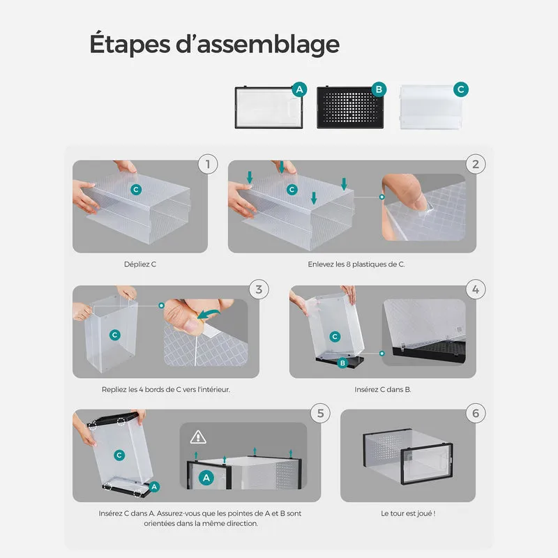 Boîtes à chaussures lot de 18 rangement chaussures pliable pour pointure jusqu’à 46 transparent et noir 12_0004448