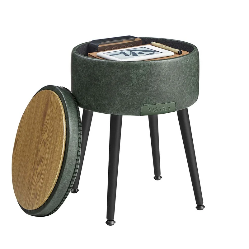 Pouf de rangement tabouret de coiffeuse PU avec coutures moderne mi-siècle tabouret de rangement rond avec pieds en acier capacité 150 kg vert 12_0005358