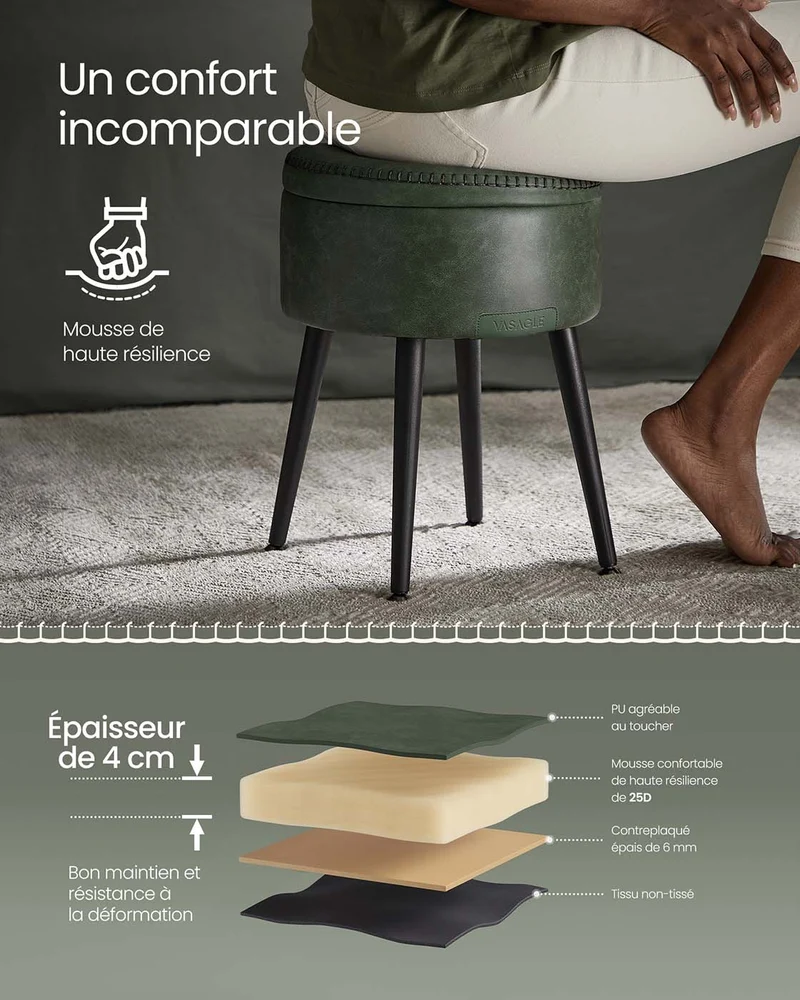 Pouf de rangement tabouret de coiffeuse PU avec coutures moderne mi-siècle tabouret de rangement rond avec pieds en acier capacité 150 kg vert 12_0005358