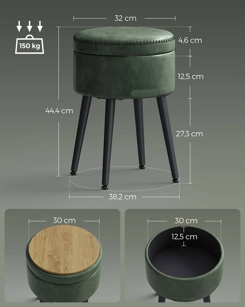 Pouf de rangement tabouret de coiffeuse PU avec coutures moderne mi-siècle tabouret de rangement rond avec pieds en acier capacité 150 kg vert 12_0005358
