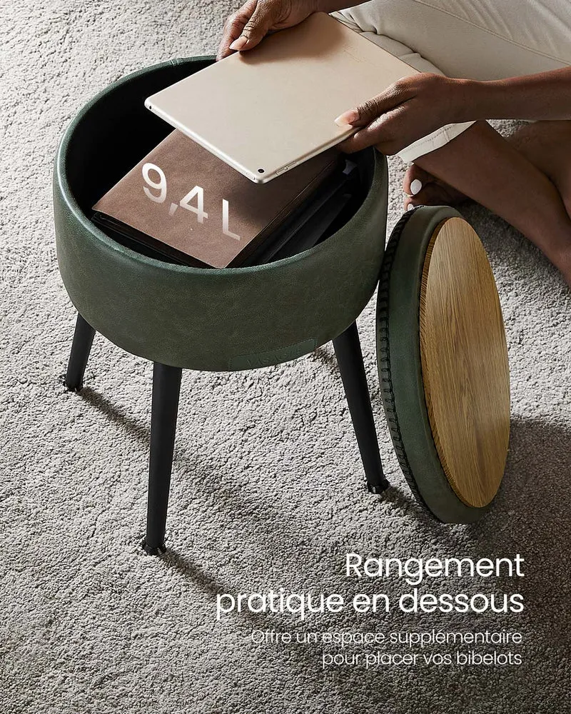 Pouf de rangement tabouret de coiffeuse PU avec coutures moderne mi-siècle tabouret de rangement rond avec pieds en acier capacité 150 kg vert 12_0005358