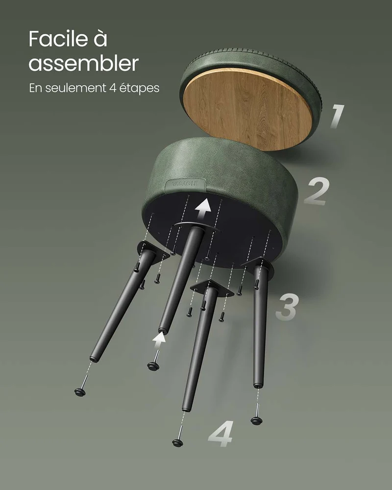 Pouf de rangement tabouret de coiffeuse PU avec coutures moderne mi-siècle tabouret de rangement rond avec pieds en acier capacité 150 kg vert 12_0005358