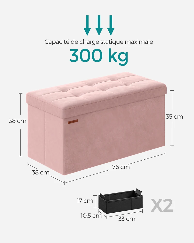 Banc de rangement pouf en velours avec couvercle avec 2 boîtes séparateur amovible capacité de charge 300 kg pour couloir salon chambre rose 12_0004164