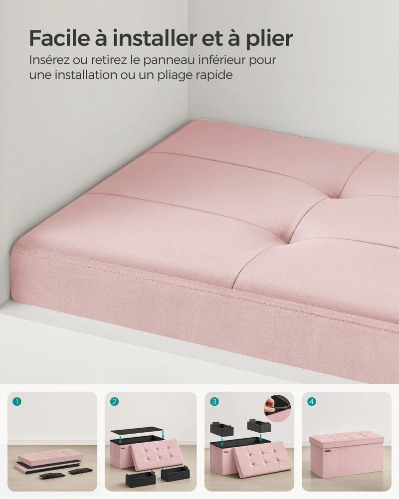 Banc de rangement pouf en velours avec couvercle avec 2 boîtes séparateur amovible capacité de charge 300 kg pour couloir salon chambre rose 12_0004164