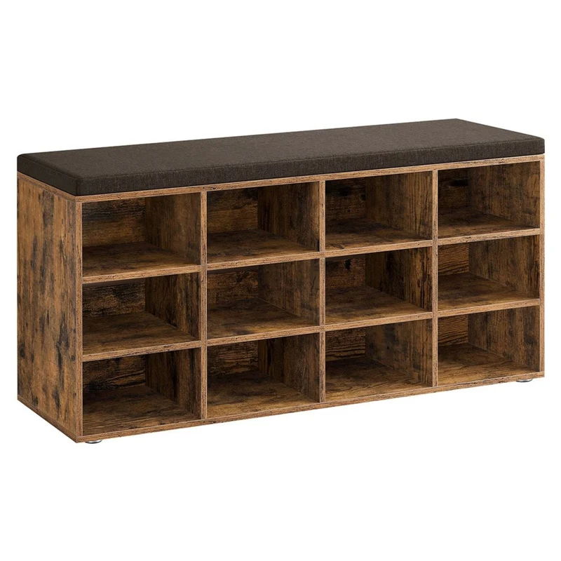 Banc à chaussures meuble d’entrée avec siège étagère à chaussures avec coussin et 12 compartiments étagères réglables pour couloir salon 303 x 104 x 48 cm marron rustique 12_0004090