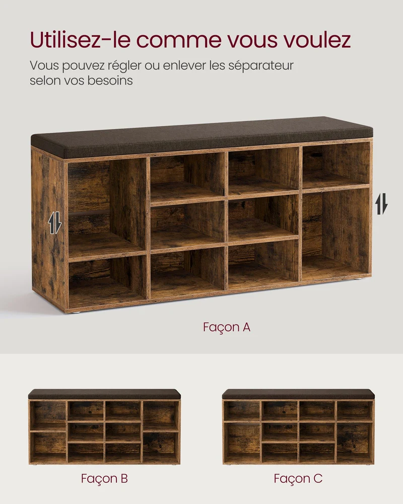 Banc à chaussures meuble d’entrée avec siège étagère à chaussures avec coussin et 12 compartiments étagères réglables pour couloir salon 303 x 104 x 48 cm marron rustique 12_0004090