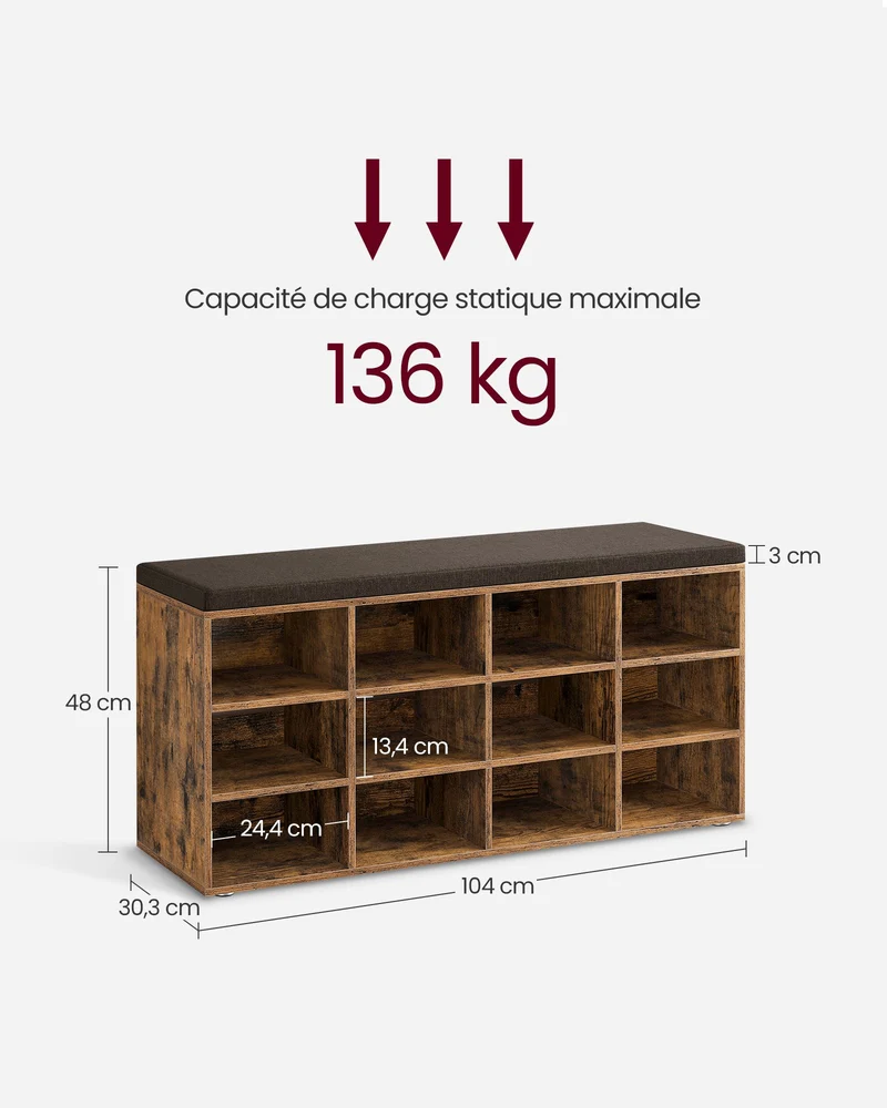 Banc à chaussures meuble d’entrée avec siège étagère à chaussures avec coussin et 12 compartiments étagères réglables pour couloir salon 303 x 104 x 48 cm marron rustique 12_0004090