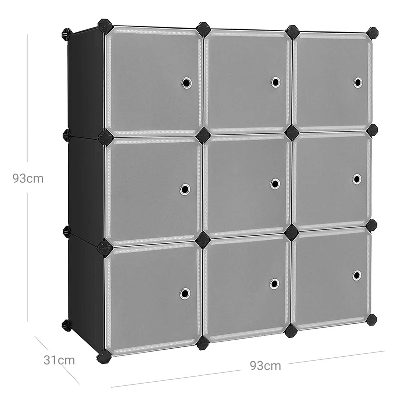 Meuble de rangement modulable 9 compartiments étagère en plastique avec portes pour vêtements chaussures jouets livres assemblage facile noir 12_0003571