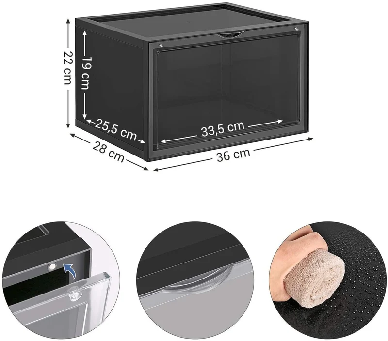 Boîtes à chaussures lot de 6 coffre de rangement empilable avec porte en plastique 36 x 28 x 22 cm pointure jusqu’à 46 transparent et noir 12_0000127