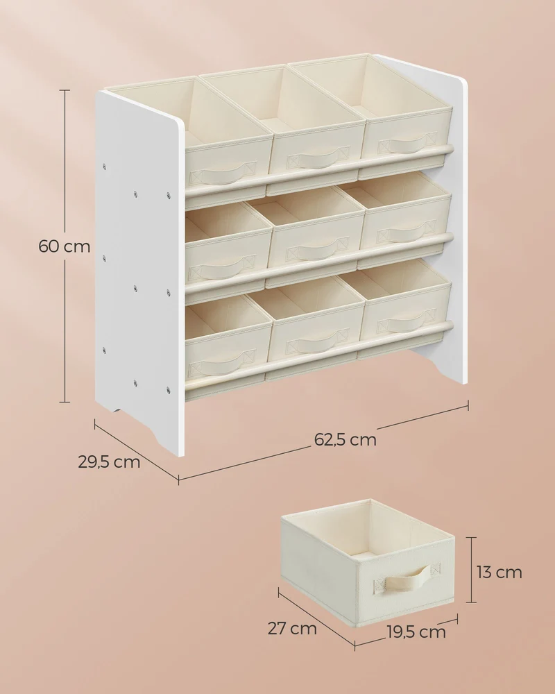 Étagère à jouets pour enfants étagère à livres pour enfants 9 boîtes de rangement en tissu non-tissé pour chambre d’enfant spacieuse 295 x 625 x 60 cm blanc 12_0005554