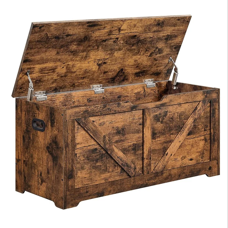 Coffre de rangement intérieur banc à chaussures pouf banquette rangement pour jouet enfant avec charnières de sécurité style grange 100 x 40 x 46 cm marron 12_0005139