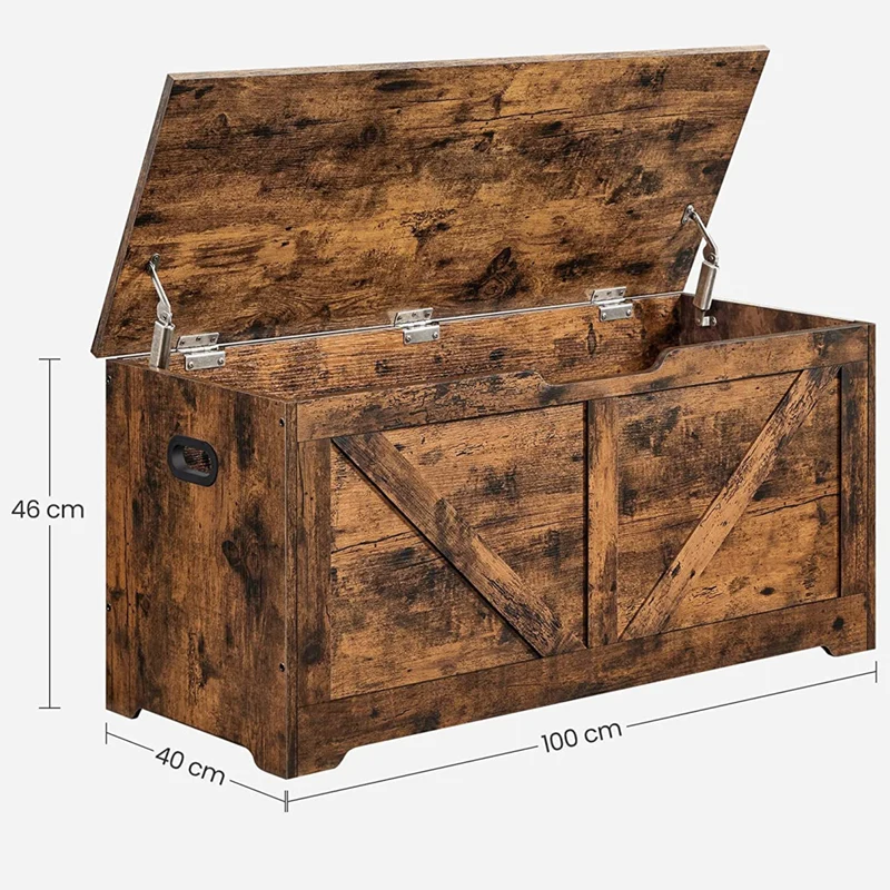 Coffre de rangement intérieur banc à chaussures pouf banquette rangement pour jouet enfant avec charnières de sécurité style grange 100 x 40 x 46 cm marron 12_0005139