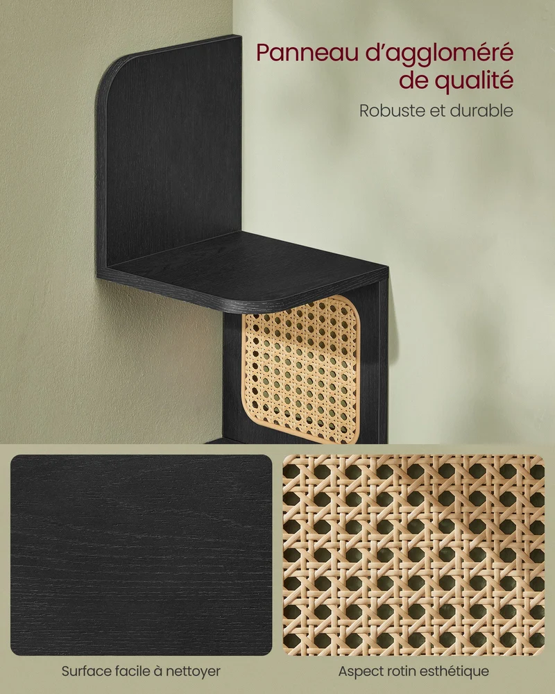 Étagère d’angle étagère murale flottante à 5 niveaux étagère d’angle en zigzag côtés en rotin PVC gain de place pour cuisine chambre salon style noir 12_0005639