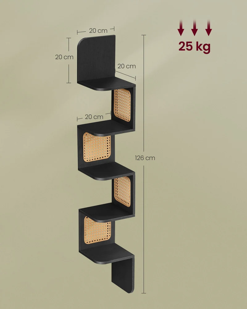 Étagère d’angle étagère murale flottante à 5 niveaux étagère d’angle en zigzag côtés en rotin PVC gain de place pour cuisine chambre salon style noir 12_0005639