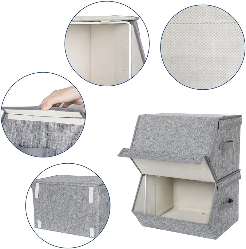 Lot de 2 boîtes de rangement avec couvercle magnétique à rabat empilables avec housse en tissu cadre en métal et poignées latérales pour accessoires jouets vêtements gris 12_0000025