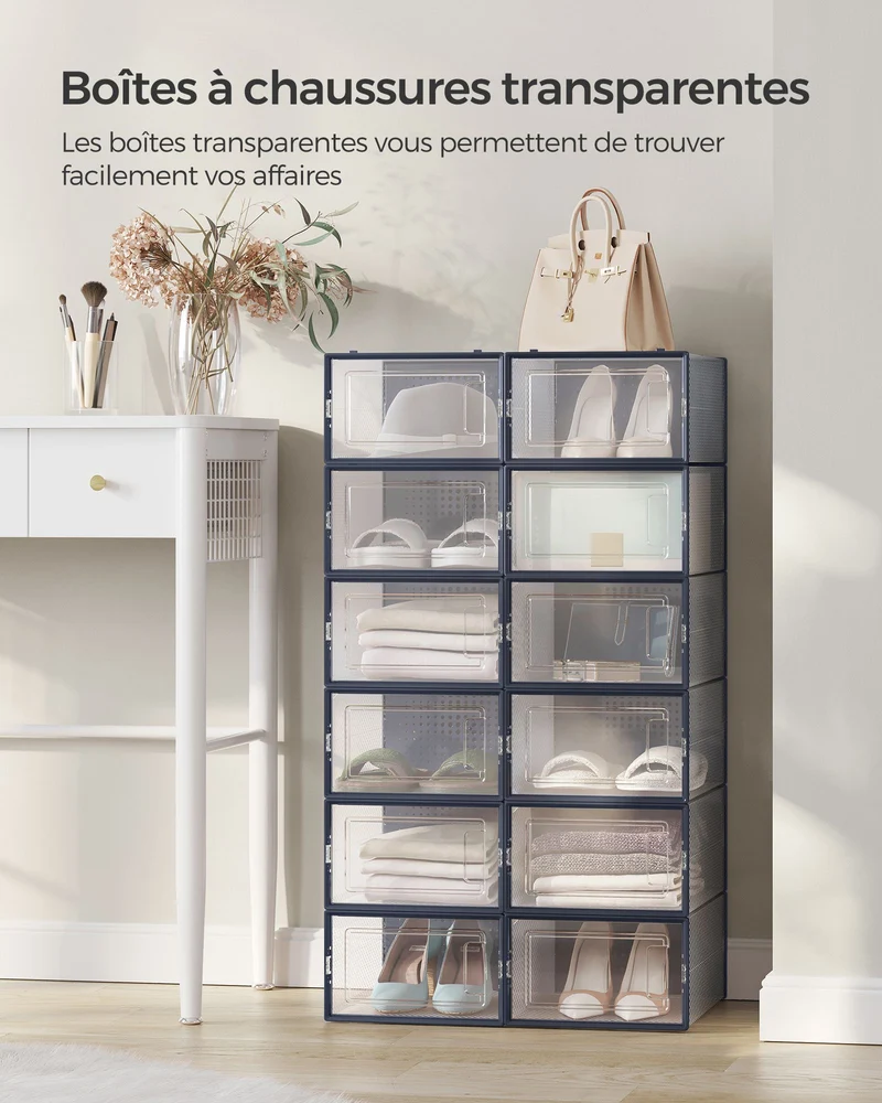 Boîtes à chaussures lot de 18 rangement chaussures pliable pour pointure jusqu’à 44 transparent et bleu 12_0004438